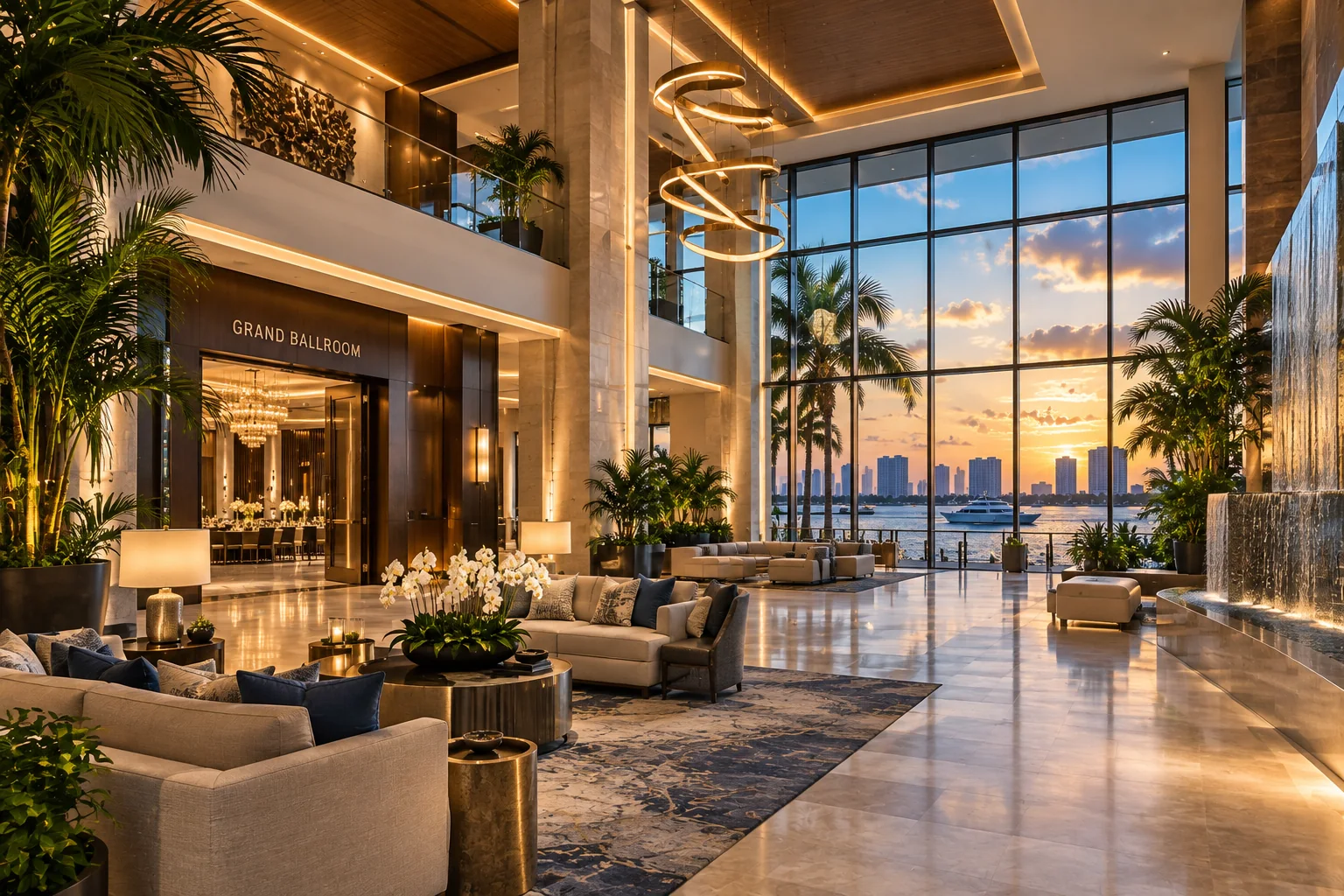 High-end hotel lobby and ballroom environment