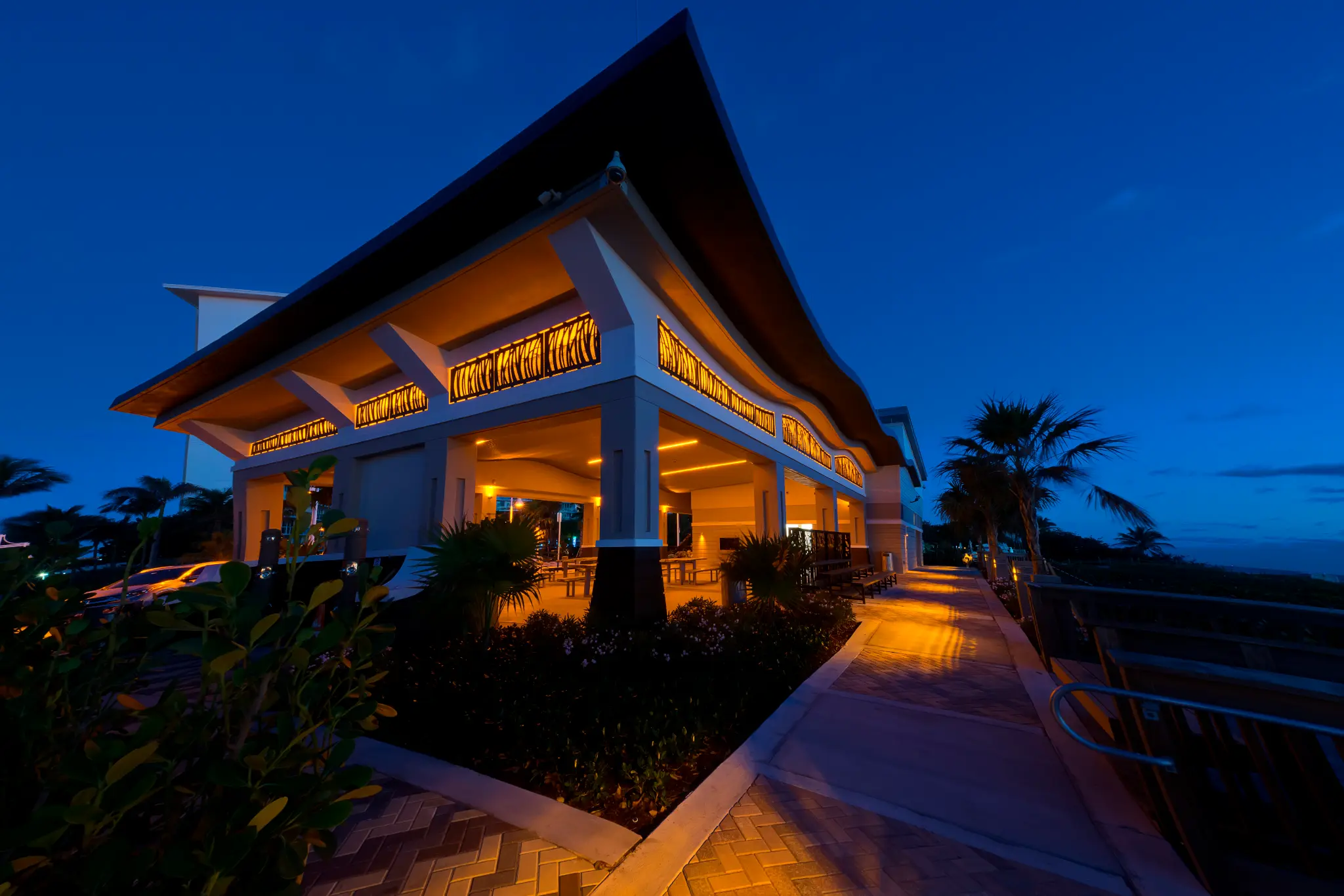 Kirk Cottrell Pavilion illuminated at dusk